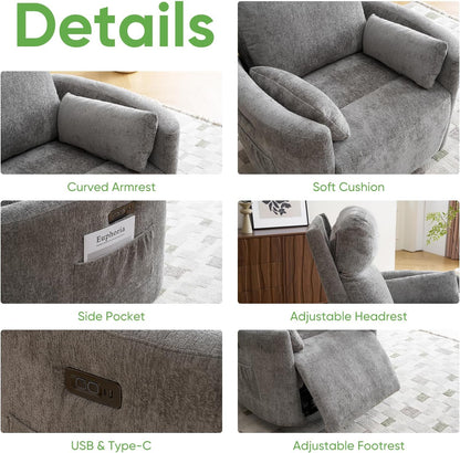 Oversized Swivel Rocker Recliner with Massage and Heat, Swivel Nursery Recliner With Adjustable Headrest, Manual Rocker Recliner Chair with Two Removable Pillows, High Back Barrel Armchair,White