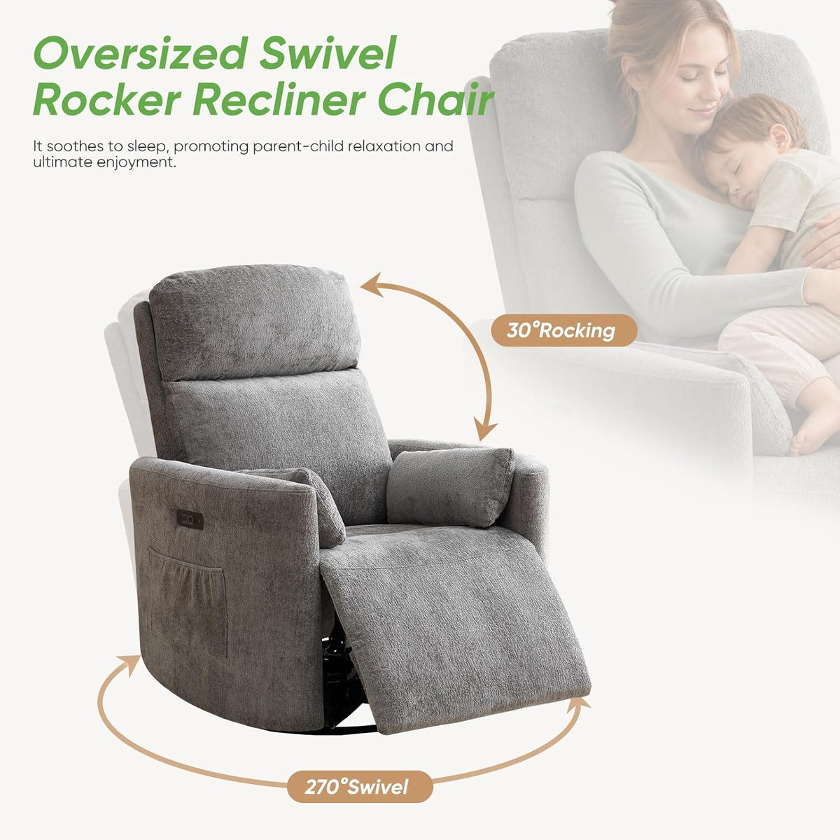 Oversized Swivel Rocker Recliner with Massage and Heat, Swivel Nursery Recliner With Adjustable Headrest, Manual Rocker Recliner Chair with Two Removable Pillows, High Back Barrel Armchair,White