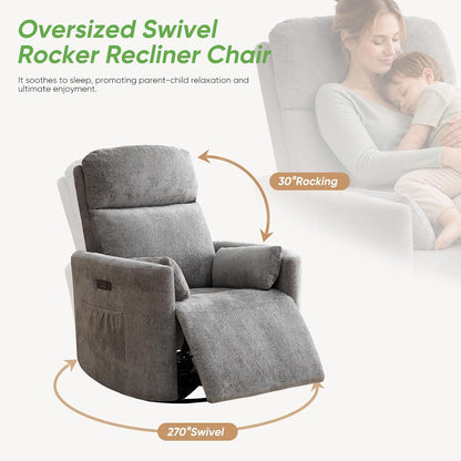 Oversized Swivel Rocker Recliner with Massage and Heat, Swivel Nursery Recliner With Adjustable Headrest, Manual Rocker Recliner Chair with Two Removable Pillows, High Back Barrel Armchair,White