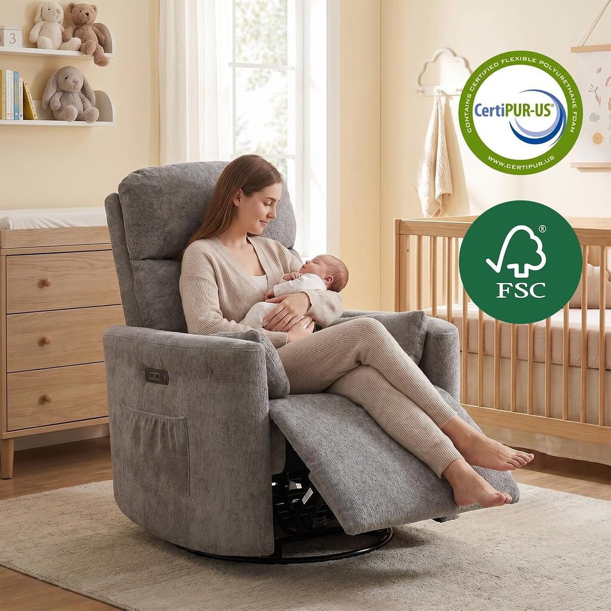 Oversized Swivel Rocker Recliner with Massage and Heat, Swivel Nursery Recliner With Adjustable Headrest, Manual Rocker Recliner Chair with Two Removable Pillows, High Back Barrel Armchair,White