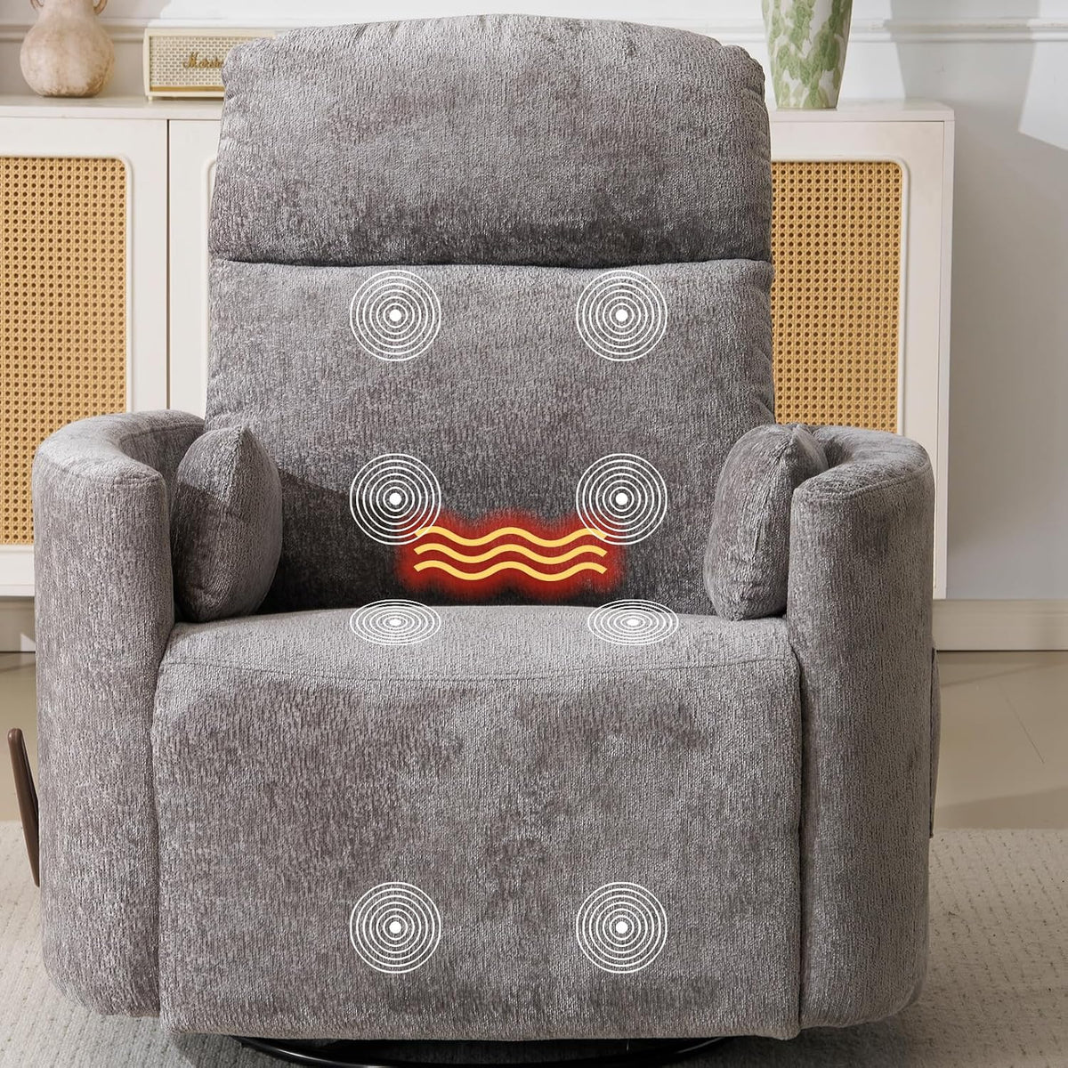 Oversized Swivel Rocker Recliner with Massage and Heat, Swivel Nursery Recliner With Adjustable Headrest, Manual Rocker Recliner Chair with Two Removable Pillows, High Back Barrel Armchair,White
