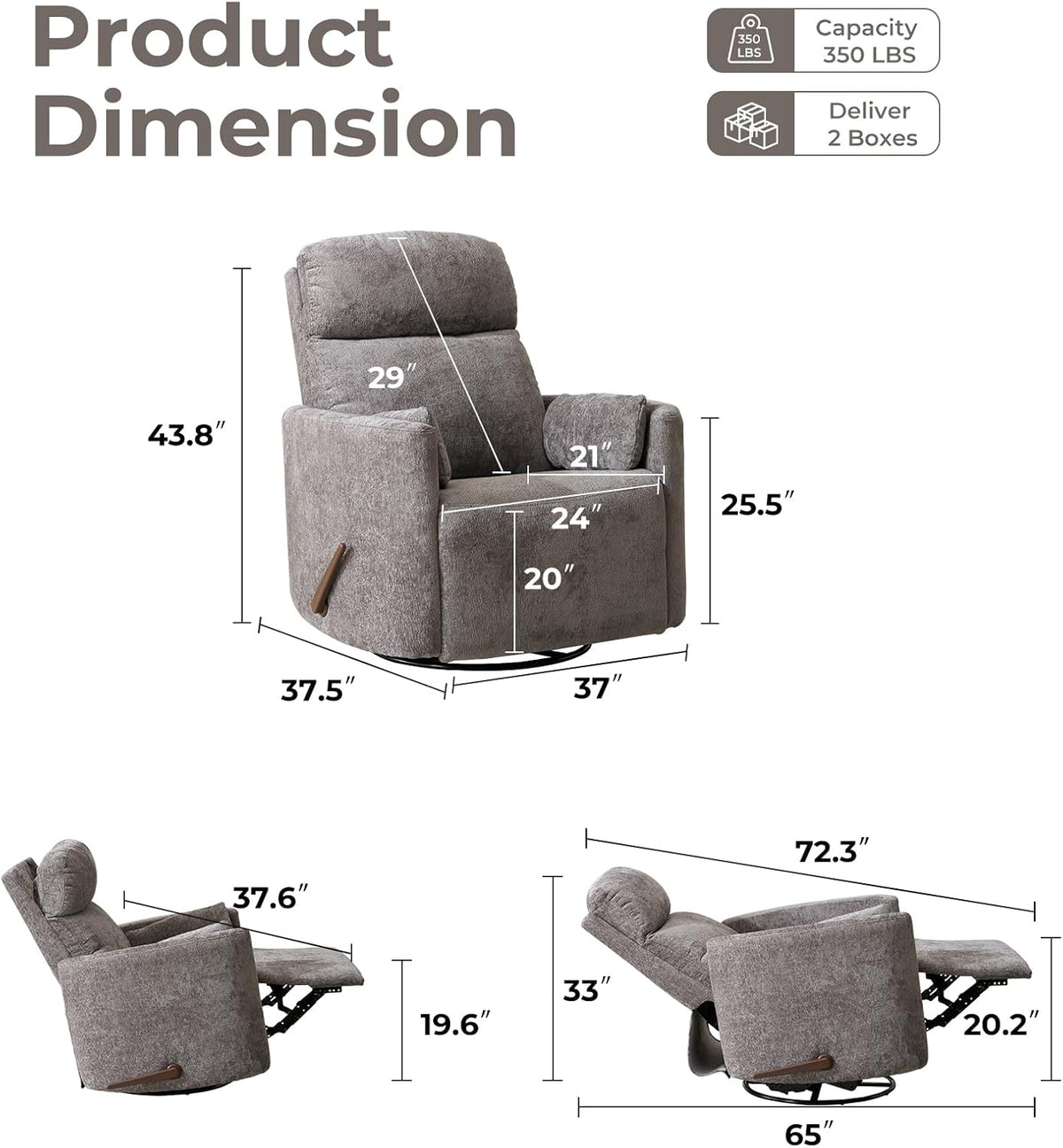 Oversized Swivel Rocker Recliner with Massage and Heat, Swivel Nursery Recliner With Adjustable Headrest, Manual Rocker Recliner Chair with Two Removable Pillows, High Back Barrel Armchair,White