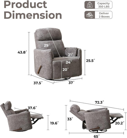 Oversized Swivel Rocker Recliner with Massage and Heat, Swivel Nursery Recliner With Adjustable Headrest, Manual Rocker Recliner Chair with Two Removable Pillows, High Back Barrel Armchair,White
