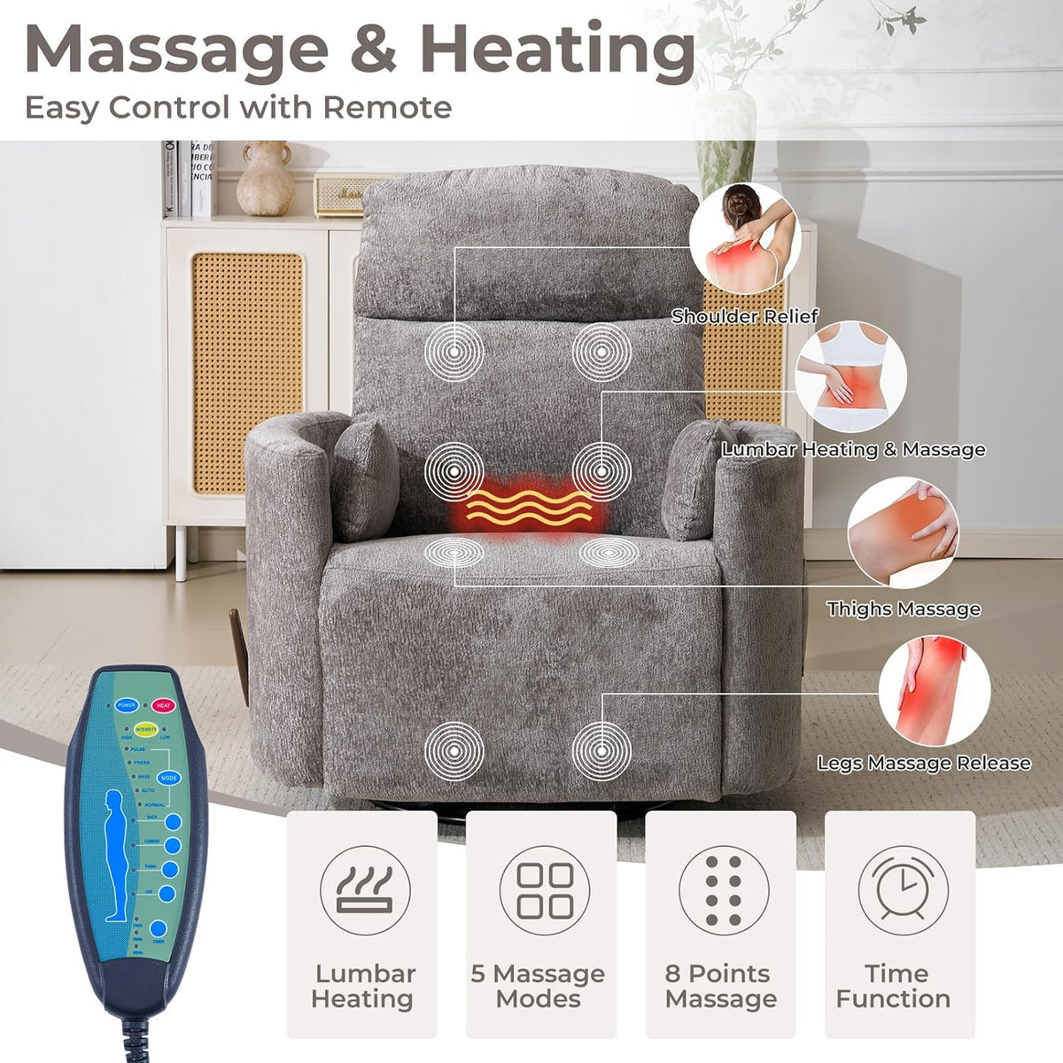 Oversized Swivel Rocker Recliner with Massage and Heat, Swivel Nursery Recliner With Adjustable Headrest, Manual Rocker Recliner Chair with Two Removable Pillows, High Back Barrel Armchair,White