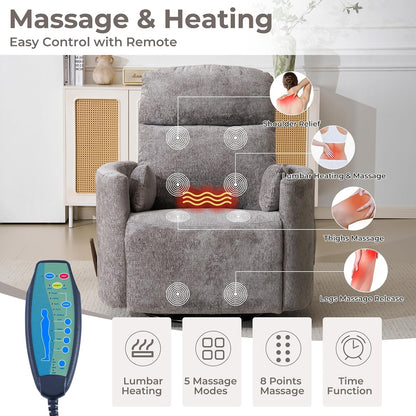Oversized Swivel Rocker Recliner with Massage and Heat, Swivel Nursery Recliner With Adjustable Headrest, Manual Rocker Recliner Chair with Two Removable Pillows, High Back Barrel Armchair,White