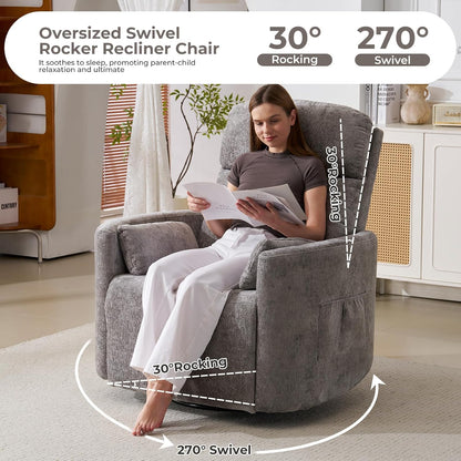 Oversized Swivel Rocker Recliner with Massage and Heat, Swivel Nursery Recliner With Adjustable Headrest, Manual Rocker Recliner Chair with Two Removable Pillows, High Back Barrel Armchair,White