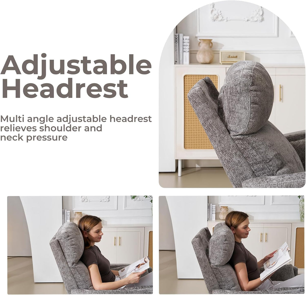 Oversized Swivel Rocker Recliner with Massage and Heat, Swivel Nursery Recliner With Adjustable Headrest, Manual Rocker Recliner Chair with Two Removable Pillows, High Back Barrel Armchair,White