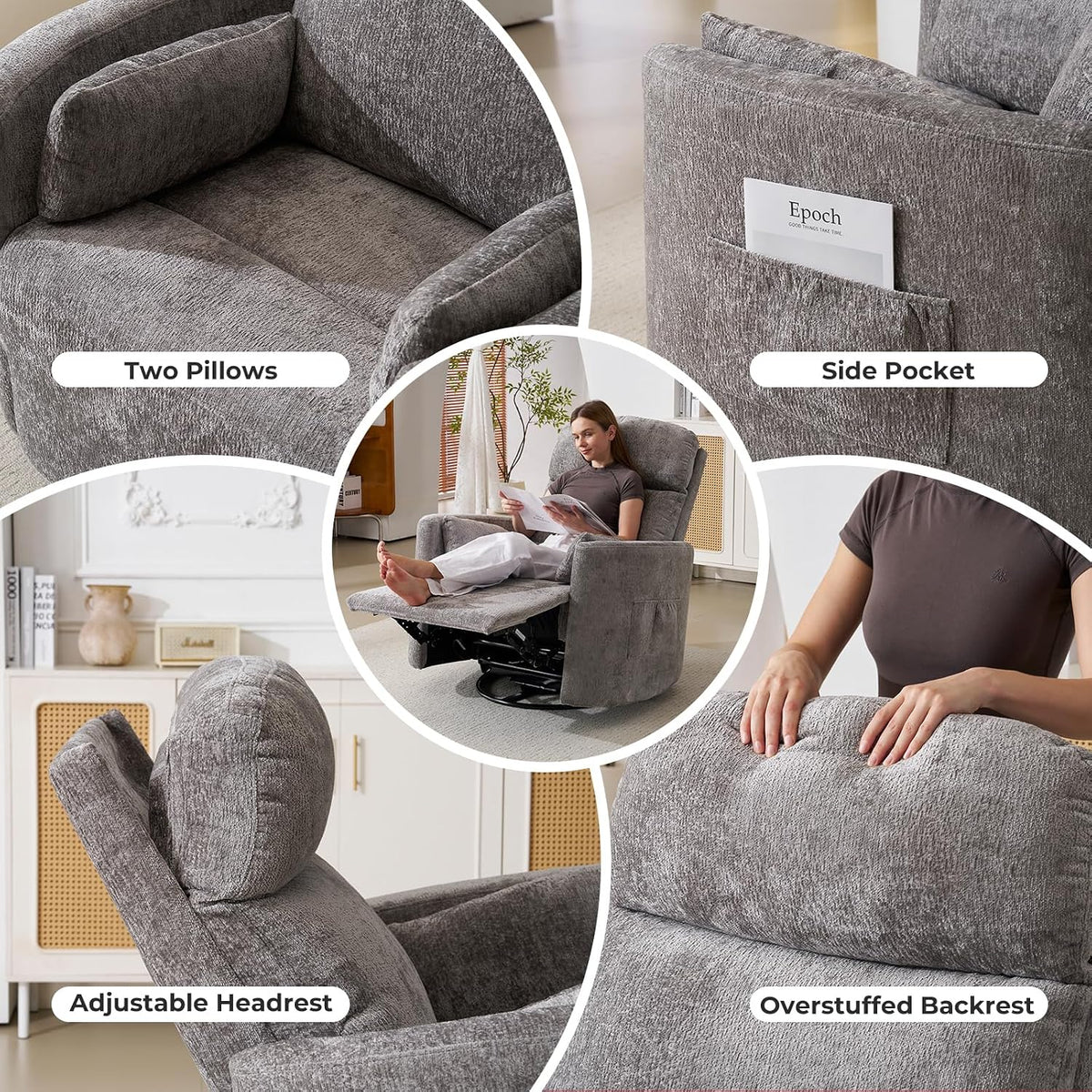 Oversized Swivel Rocker Recliner with Massage and Heat, Swivel Nursery Recliner With Adjustable Headrest, Manual Rocker Recliner Chair with Two Removable Pillows, High Back Barrel Armchair,White