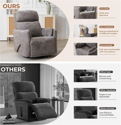 Oversized Swivel Rocker Recliner with Massage and Heat, Swivel Nursery Recliner With Adjustable Headrest, Manual Rocker Recliner Chair with Two Removable Pillows, High Back Barrel Armchair,White