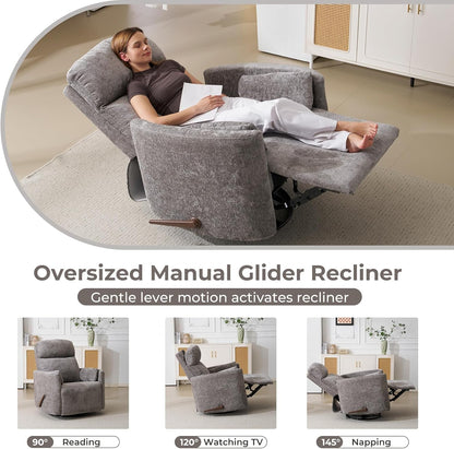 Oversized Swivel Rocker Recliner with Massage and Heat, Swivel Nursery Recliner With Adjustable Headrest, Manual Rocker Recliner Chair with Two Removable Pillows, High Back Barrel Armchair,White