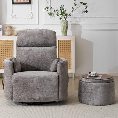 Oversized Swivel Rocker Recliner with Massage and Heat, Swivel Nursery Recliner With Adjustable Headrest, Manual Rocker Recliner Chair with Two Removable Pillows, High Back Barrel Armchair,White