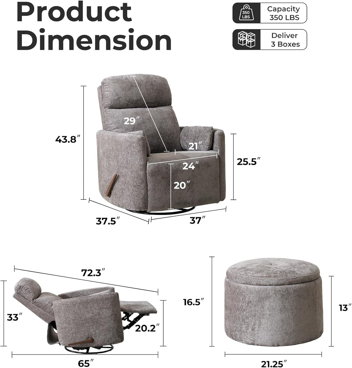 Oversized Swivel Rocker Recliner with Massage and Heat, Swivel Nursery Recliner With Adjustable Headrest, Manual Rocker Recliner Chair with Two Removable Pillows, High Back Barrel Armchair,White