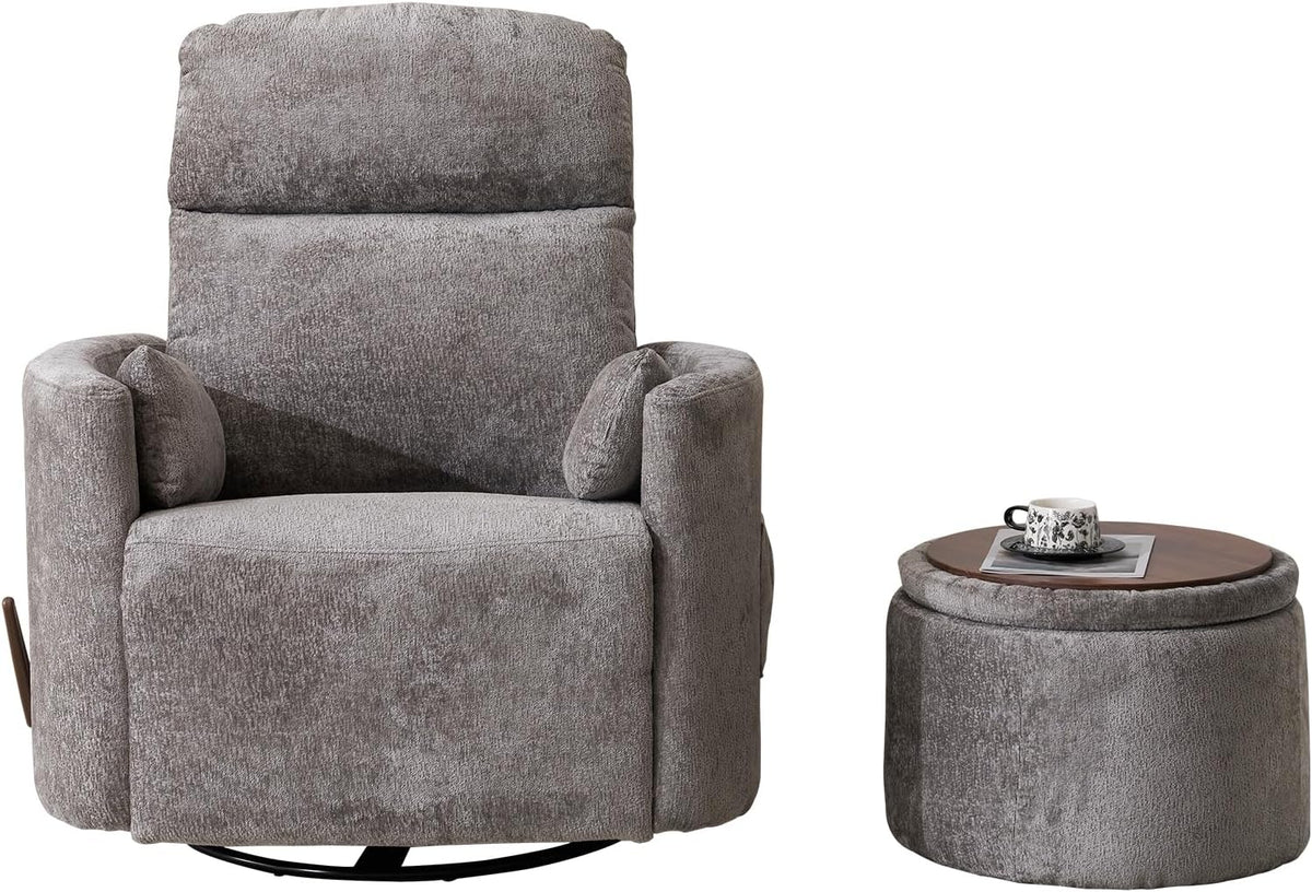 Oversized Swivel Rocker Recliner with Massage and Heat, Swivel Nursery Recliner With Adjustable Headrest, Manual Rocker Recliner Chair with Two Removable Pillows, High Back Barrel Armchair,White