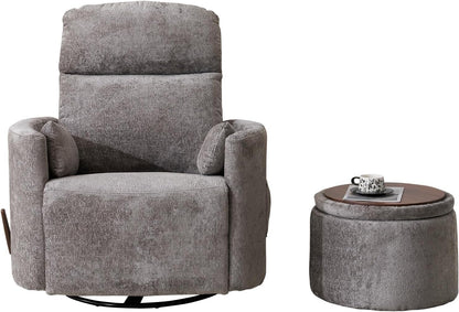 Oversized Swivel Rocker Recliner with Massage and Heat, Swivel Nursery Recliner With Adjustable Headrest, Manual Rocker Recliner Chair with Two Removable Pillows, High Back Barrel Armchair,White