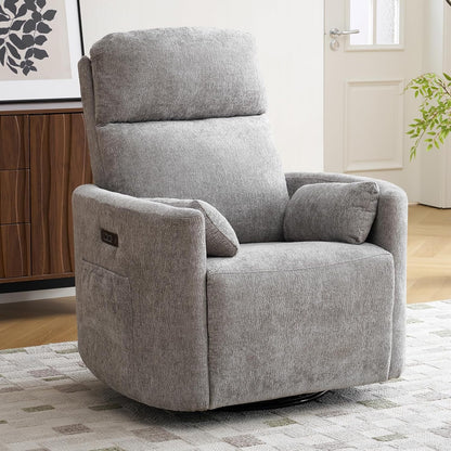 Oversized Swivel Rocker Recliner with Massage and Heat, Swivel Nursery Recliner With Adjustable Headrest, Manual Rocker Recliner Chair with Two Removable Pillows, High Back Barrel Armchair,White