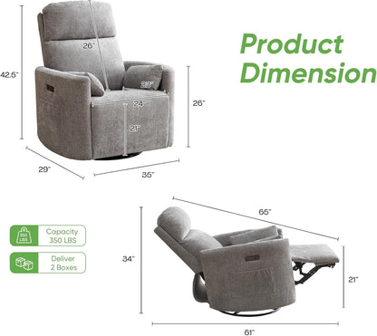 Oversized Swivel Rocker Recliner with Massage and Heat, Swivel Nursery Recliner With Adjustable Headrest, Manual Rocker Recliner Chair with Two Removable Pillows, High Back Barrel Armchair,White