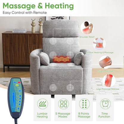 Oversized Swivel Rocker Recliner with Massage and Heat, Swivel Nursery Recliner With Adjustable Headrest, Manual Rocker Recliner Chair with Two Removable Pillows, High Back Barrel Armchair,White