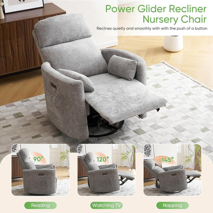 Oversized Swivel Rocker Recliner with Massage and Heat, Swivel Nursery Recliner With Adjustable Headrest, Manual Rocker Recliner Chair with Two Removable Pillows, High Back Barrel Armchair,White
