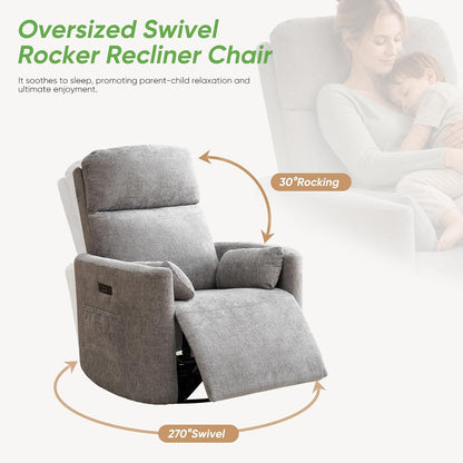 Oversized Swivel Rocker Recliner with Massage and Heat, Swivel Nursery Recliner With Adjustable Headrest, Manual Rocker Recliner Chair with Two Removable Pillows, High Back Barrel Armchair,White