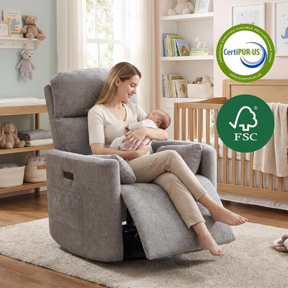Oversized Swivel Rocker Recliner with Massage and Heat, Swivel Nursery Recliner With Adjustable Headrest, Manual Rocker Recliner Chair with Two Removable Pillows, High Back Barrel Armchair,White
