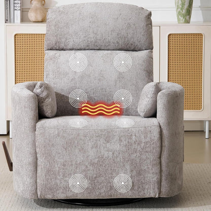 Oversized Swivel Rocker Recliner with Massage and Heat, Swivel Nursery Recliner With Adjustable Headrest, Manual Rocker Recliner Chair with Two Removable Pillows, High Back Barrel Armchair,White