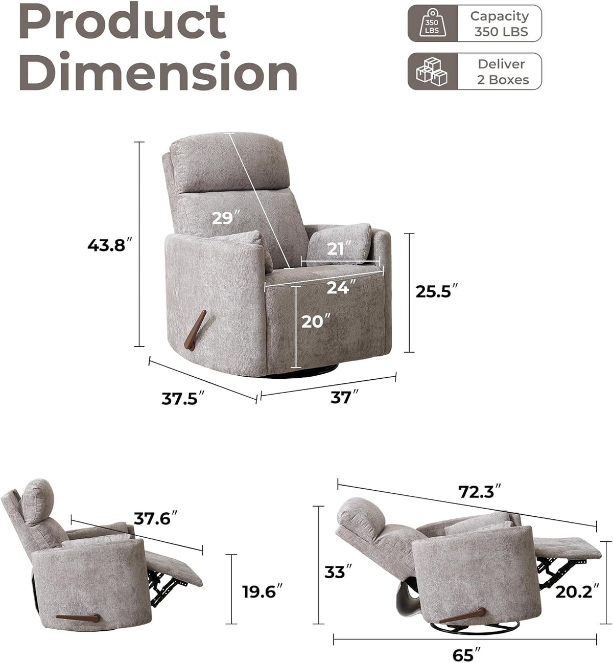 Oversized Swivel Rocker Recliner with Massage and Heat, Swivel Nursery Recliner With Adjustable Headrest, Manual Rocker Recliner Chair with Two Removable Pillows, High Back Barrel Armchair,White