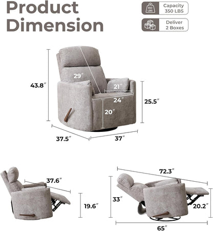 Oversized Swivel Rocker Recliner with Massage and Heat, Swivel Nursery Recliner With Adjustable Headrest, Manual Rocker Recliner Chair with Two Removable Pillows, High Back Barrel Armchair,White