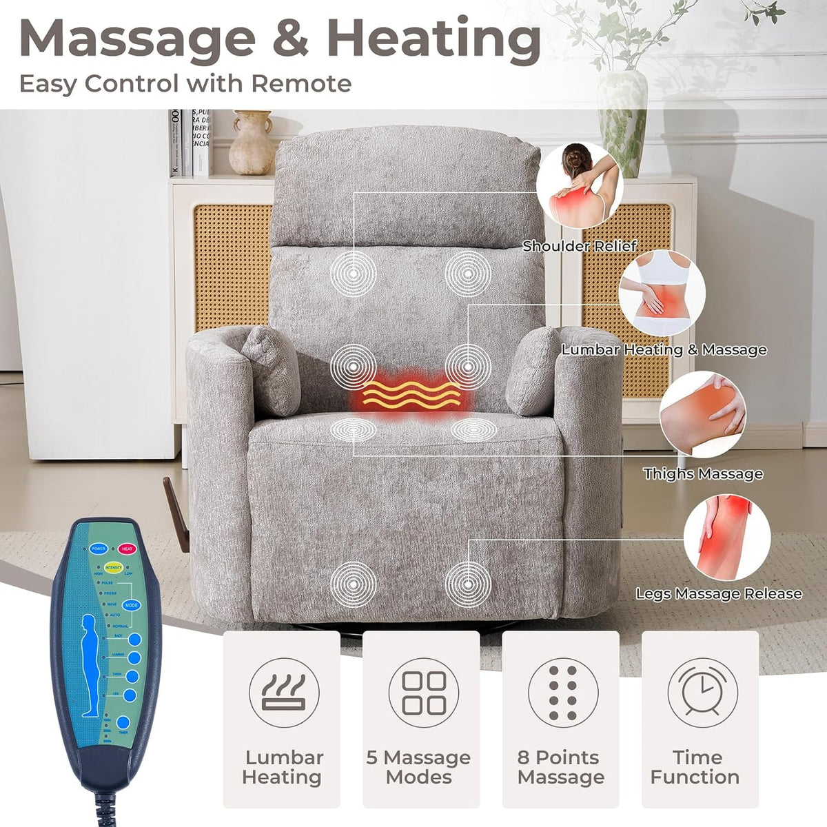 Oversized Swivel Rocker Recliner with Massage and Heat, Swivel Nursery Recliner With Adjustable Headrest, Manual Rocker Recliner Chair with Two Removable Pillows, High Back Barrel Armchair,White
