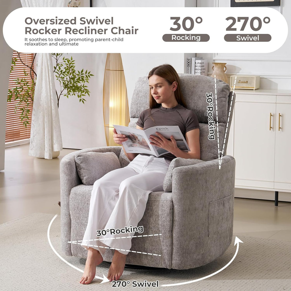Oversized Swivel Rocker Recliner with Massage and Heat, Swivel Nursery Recliner With Adjustable Headrest, Manual Rocker Recliner Chair with Two Removable Pillows, High Back Barrel Armchair,White