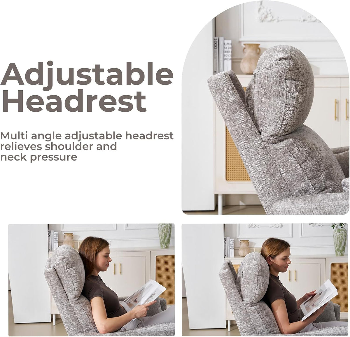 Oversized Swivel Rocker Recliner with Massage and Heat, Swivel Nursery Recliner With Adjustable Headrest, Manual Rocker Recliner Chair with Two Removable Pillows, High Back Barrel Armchair,White