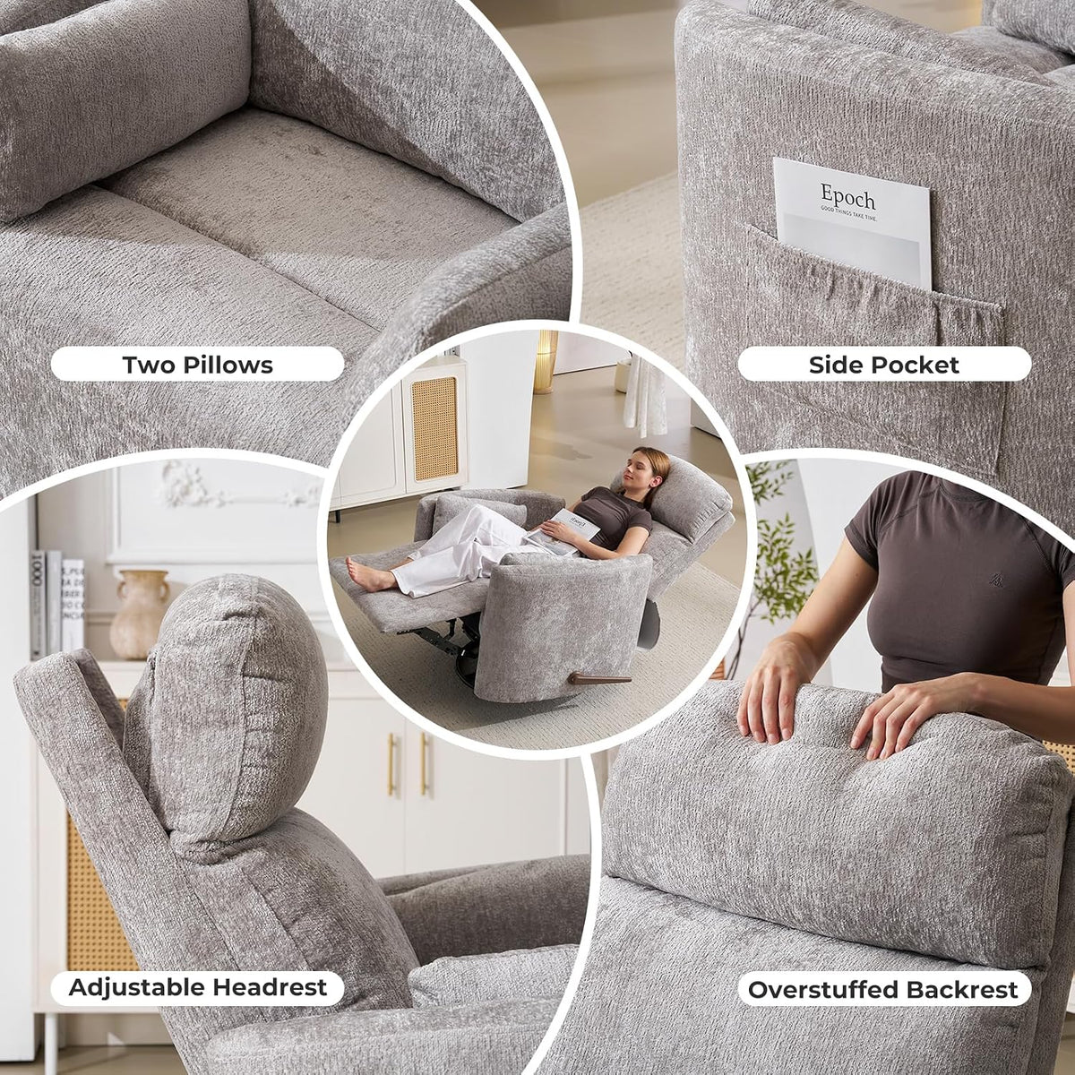 Oversized Swivel Rocker Recliner with Massage and Heat, Swivel Nursery Recliner With Adjustable Headrest, Manual Rocker Recliner Chair with Two Removable Pillows, High Back Barrel Armchair,White