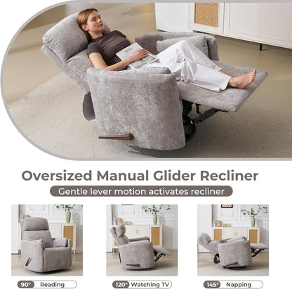Oversized Swivel Rocker Recliner with Massage and Heat, Swivel Nursery Recliner With Adjustable Headrest, Manual Rocker Recliner Chair with Two Removable Pillows, High Back Barrel Armchair,White