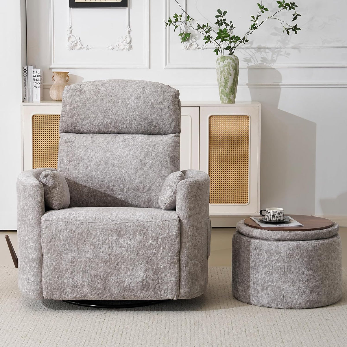 Oversized Swivel Rocker Recliner with Massage and Heat, Swivel Nursery Recliner With Adjustable Headrest, Manual Rocker Recliner Chair with Two Removable Pillows, High Back Barrel Armchair,White