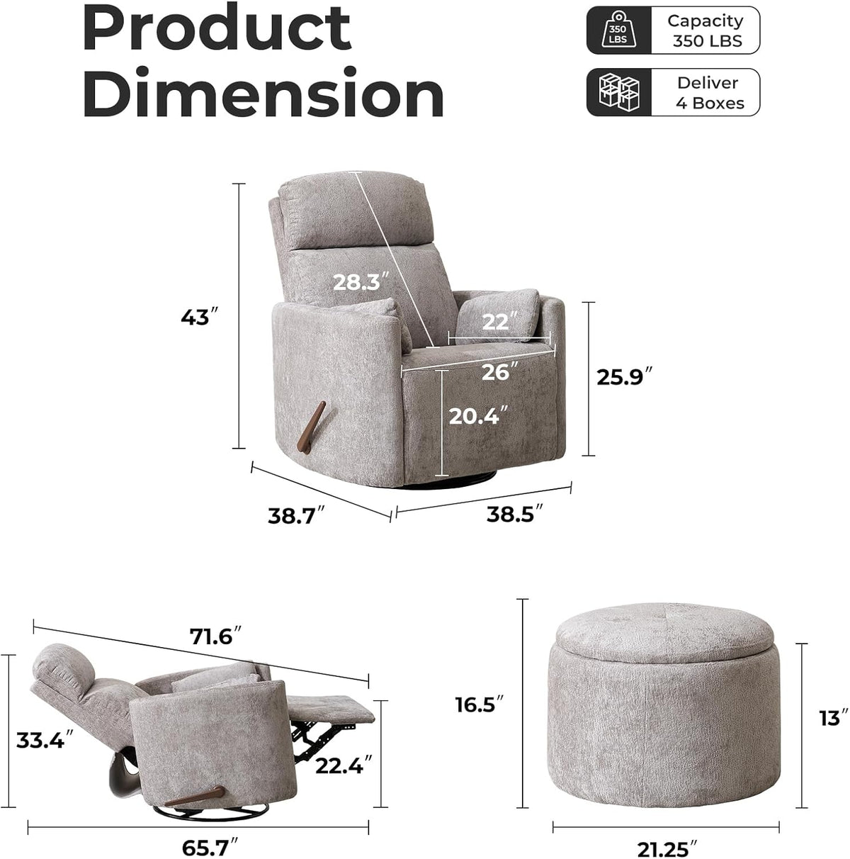 Oversized Swivel Rocker Recliner with Massage and Heat, Swivel Nursery Recliner With Adjustable Headrest, Manual Rocker Recliner Chair with Two Removable Pillows, High Back Barrel Armchair,White