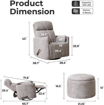 Oversized Swivel Rocker Recliner with Massage and Heat, Swivel Nursery Recliner With Adjustable Headrest, Manual Rocker Recliner Chair with Two Removable Pillows, High Back Barrel Armchair,White
