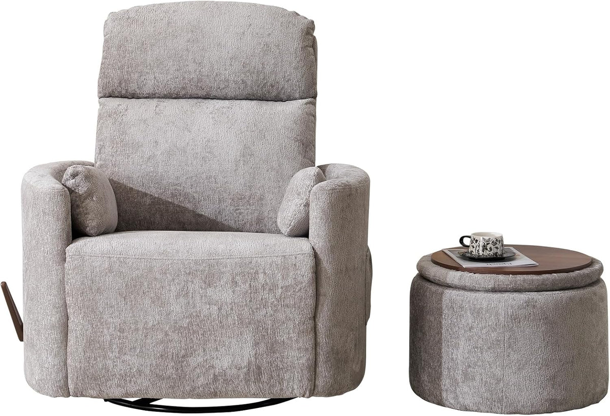 Oversized Swivel Rocker Recliner with Massage and Heat, Swivel Nursery Recliner With Adjustable Headrest, Manual Rocker Recliner Chair with Two Removable Pillows, High Back Barrel Armchair,White