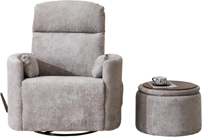 Oversized Swivel Rocker Recliner with Massage and Heat, Swivel Nursery Recliner With Adjustable Headrest, Manual Rocker Recliner Chair with Two Removable Pillows, High Back Barrel Armchair,White