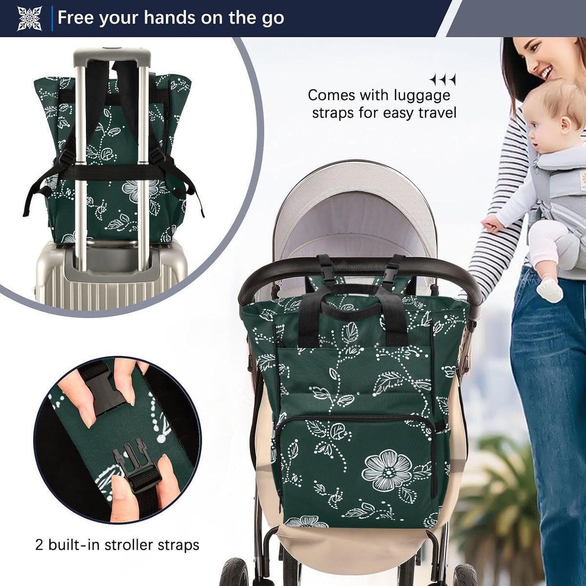Diaper Bag Backpack, Multifunction Travel Bag for Moms Dads, Baby Changing Bag with Insulted Pockets, Stroller Straps and Side Bottle Pockets Line Floral Pattern