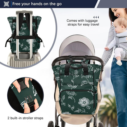 Diaper Bag Backpack, Multifunction Travel Bag for Moms Dads, Baby Changing Bag with Insulted Pockets, Stroller Straps and Side Bottle Pockets Line Floral Pattern