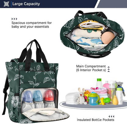 Diaper Bag Backpack, Multifunction Travel Bag for Moms Dads, Baby Changing Bag with Insulted Pockets, Stroller Straps and Side Bottle Pockets Line Floral Pattern