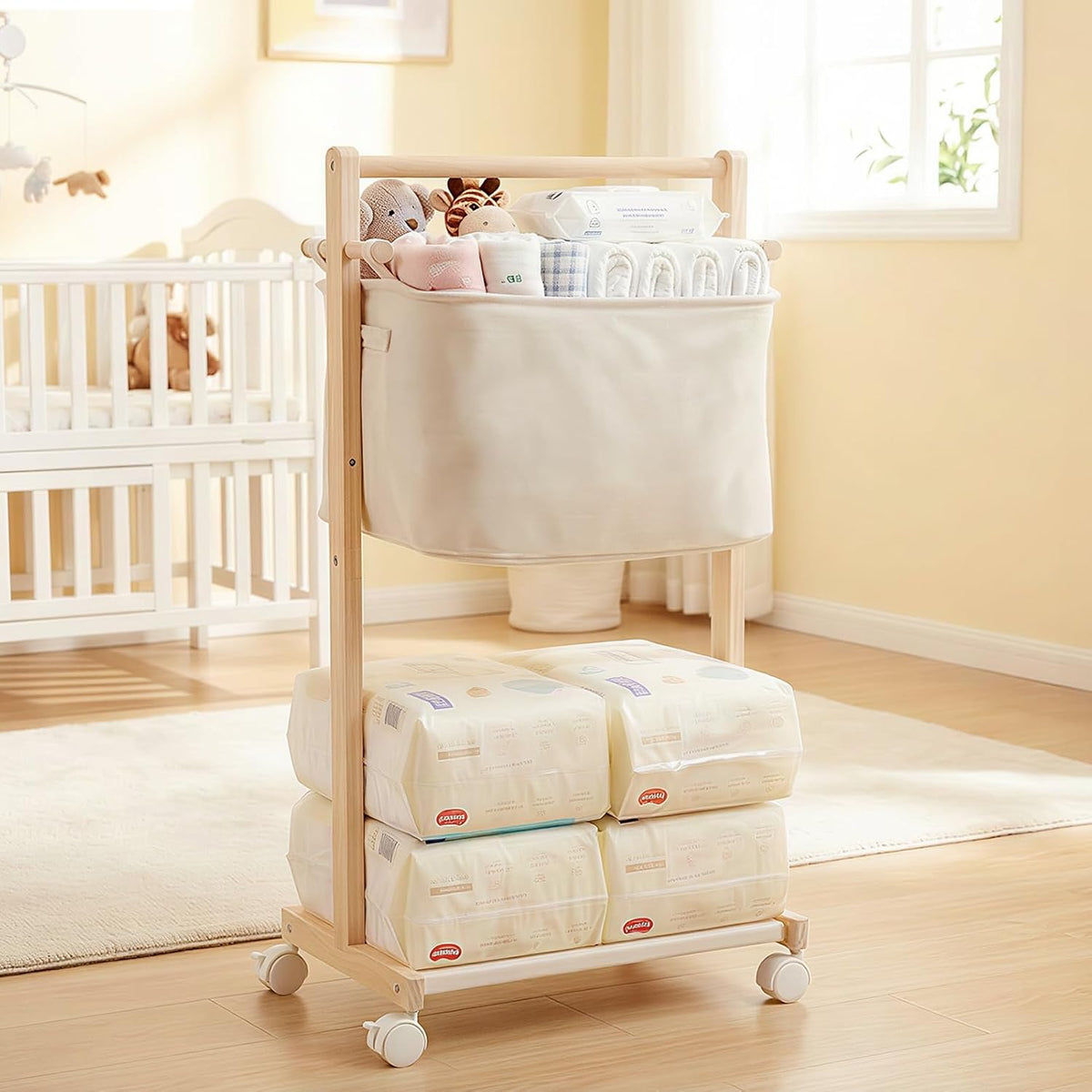Baby Diaper Caddy Cart with Movable Storage Organizer, Natural Newborn Nursery Essentials, Mobile Utility Cart with Wheels for Nursery, Bedroom, Changing Table & Crib, Gifts for Baby Shower