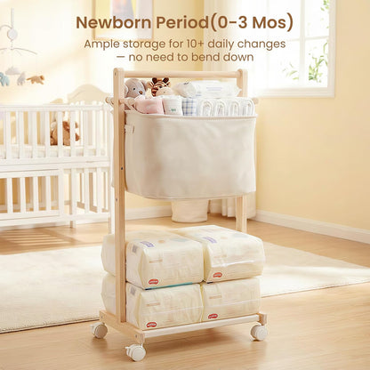 Baby Diaper Caddy Cart with Movable Storage Organizer, Natural Newborn Nursery Essentials, Mobile Utility Cart with Wheels for Nursery, Bedroom, Changing Table & Crib, Gifts for Baby Shower