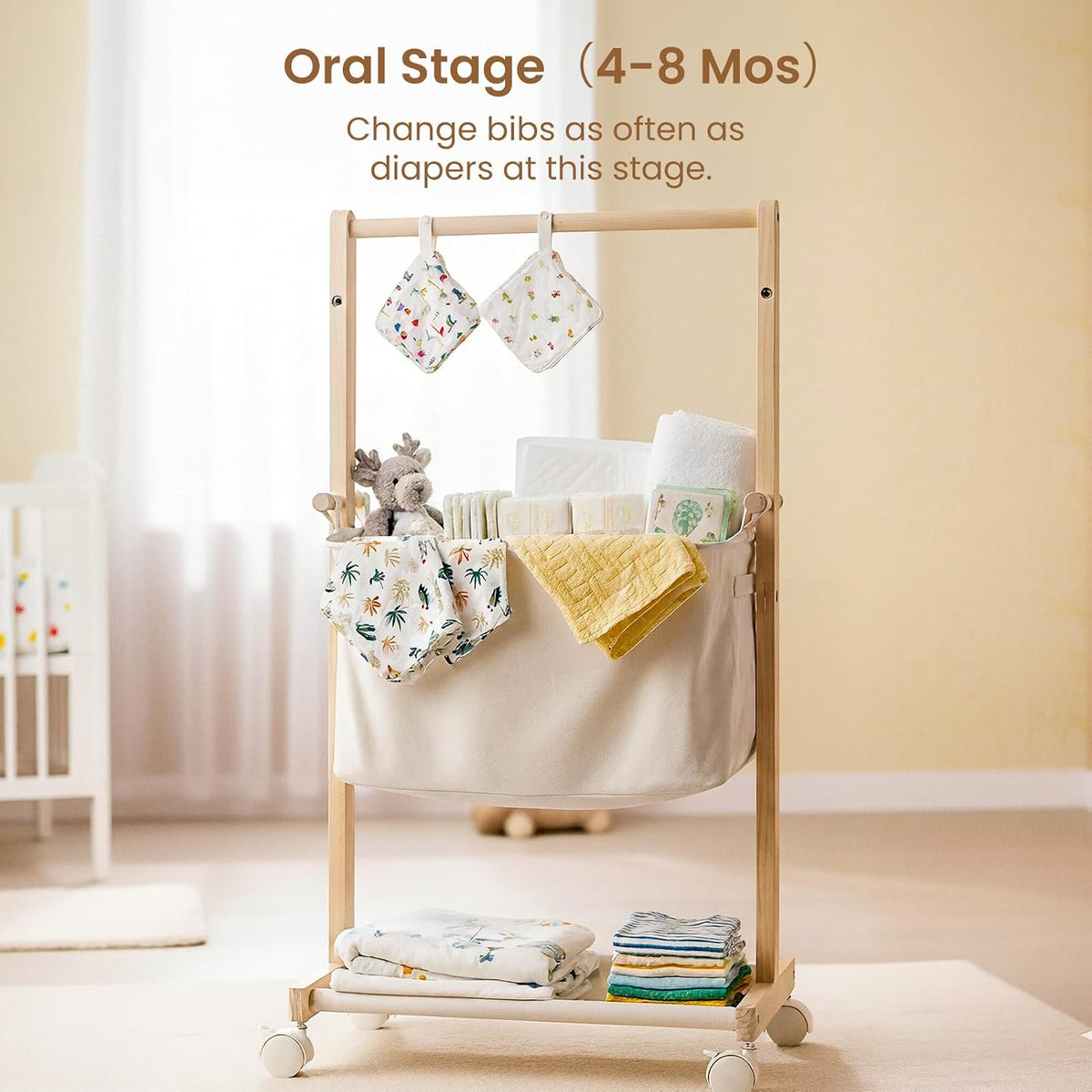 Baby Diaper Caddy Cart with Movable Storage Organizer, Natural Newborn Nursery Essentials, Mobile Utility Cart with Wheels for Nursery, Bedroom, Changing Table & Crib, Gifts for Baby Shower