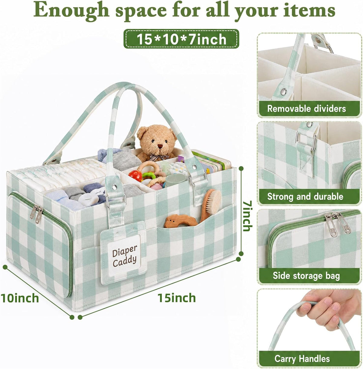 Diaper Caddy Organizer, Nursery Storage Basket with Side Pockets & Dividers