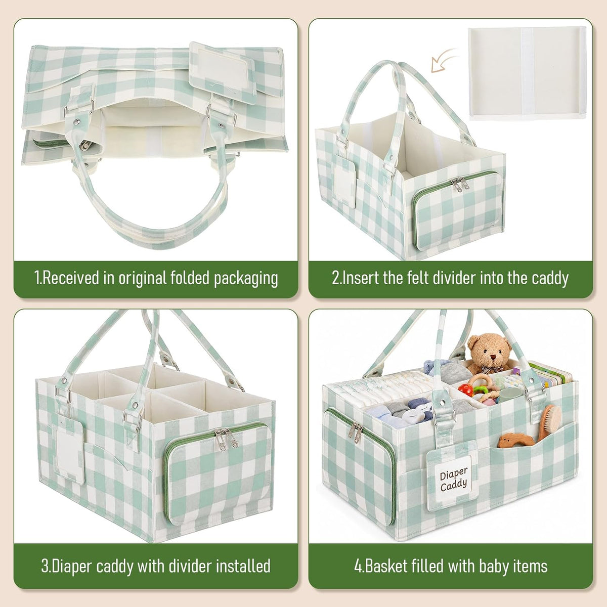 Diaper Caddy Organizer, Nursery Storage Basket with Side Pockets & Dividers