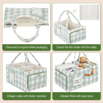 Diaper Caddy Organizer, Nursery Storage Basket with Side Pockets & Dividers