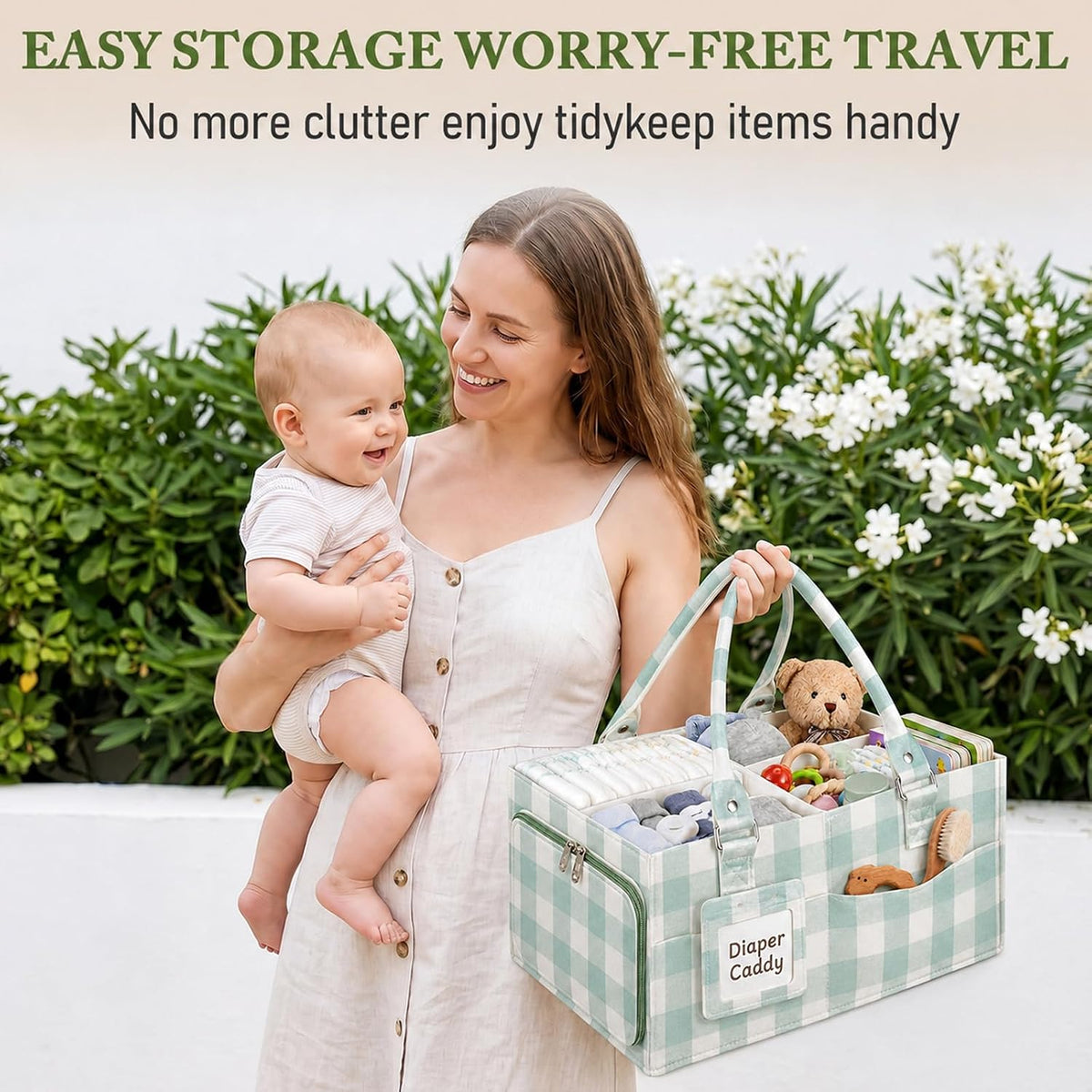 Diaper Caddy Organizer, Nursery Storage Basket with Side Pockets & Dividers