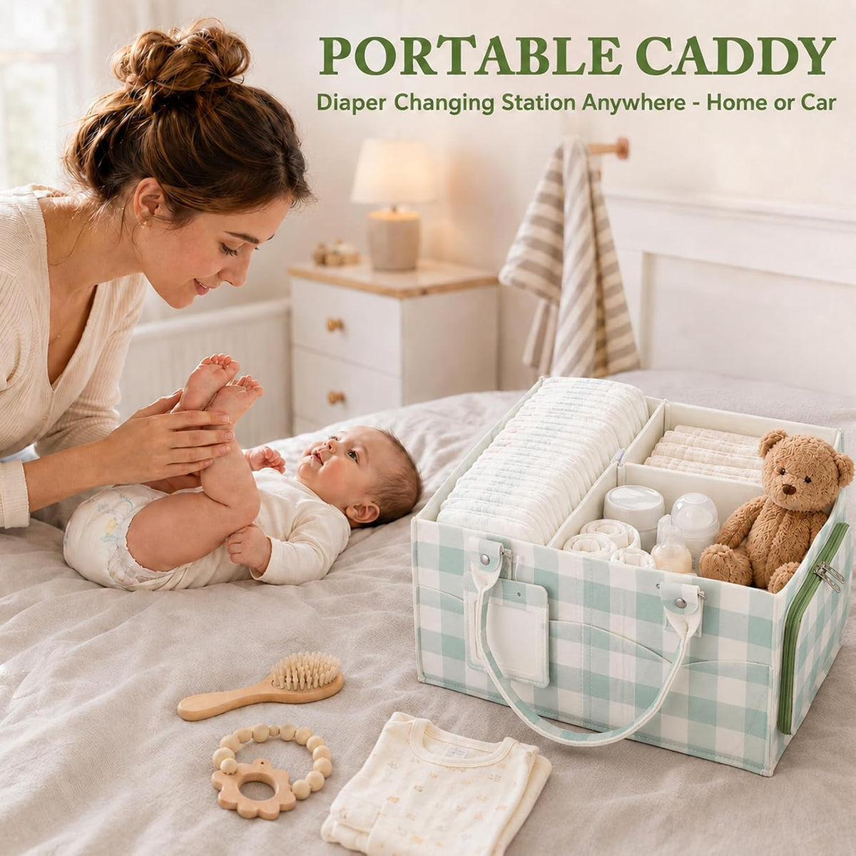 Diaper Caddy Organizer, Nursery Storage Basket with Side Pockets & Dividers