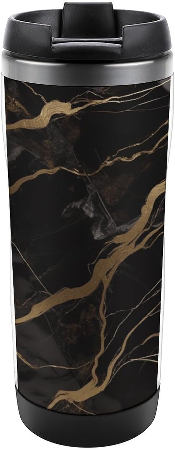 13oz Insulated Travel Coffee Mug Reusable Coffee Cup Water Bottle | Black Gold Marble Travel Mug with Leak Proof Lid Double Wall Stainless Steel Coffee Tumbler Personalized Gift