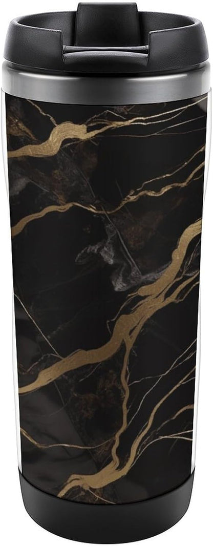 13oz Insulated Travel Coffee Mug Reusable Coffee Cup Water Bottle | Black Gold Marble Travel Mug with Leak Proof Lid Double Wall Stainless Steel Coffee Tumbler Personalized Gift